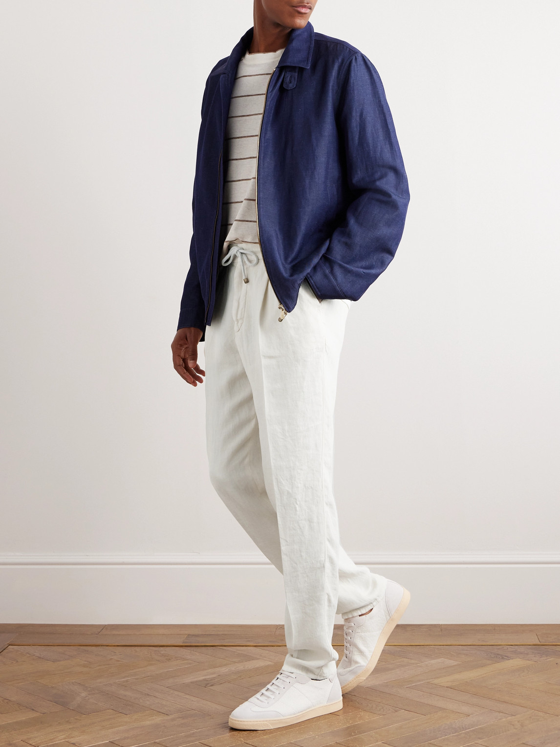 Shop Brunello Cucinelli Straight-leg Pleated Linen-twill Drawstring Trousers In White
