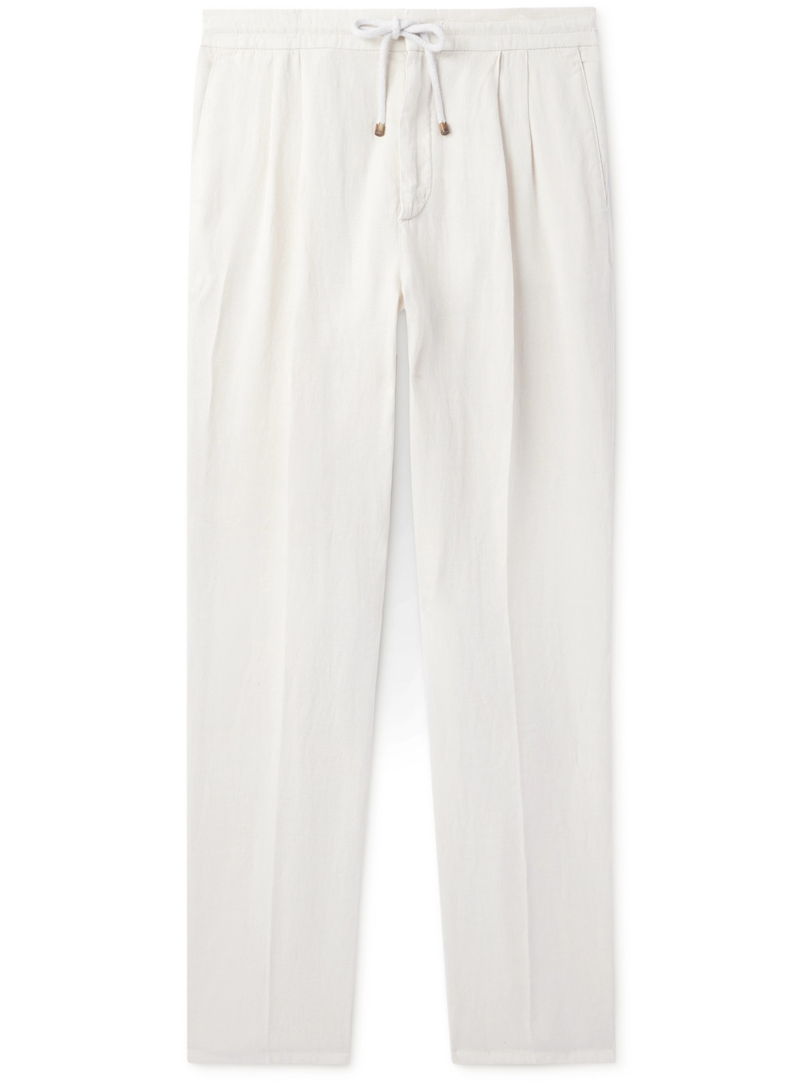 Brunello Cucinelli Straight-leg Pleated Linen-twill Drawstring Trousers In White