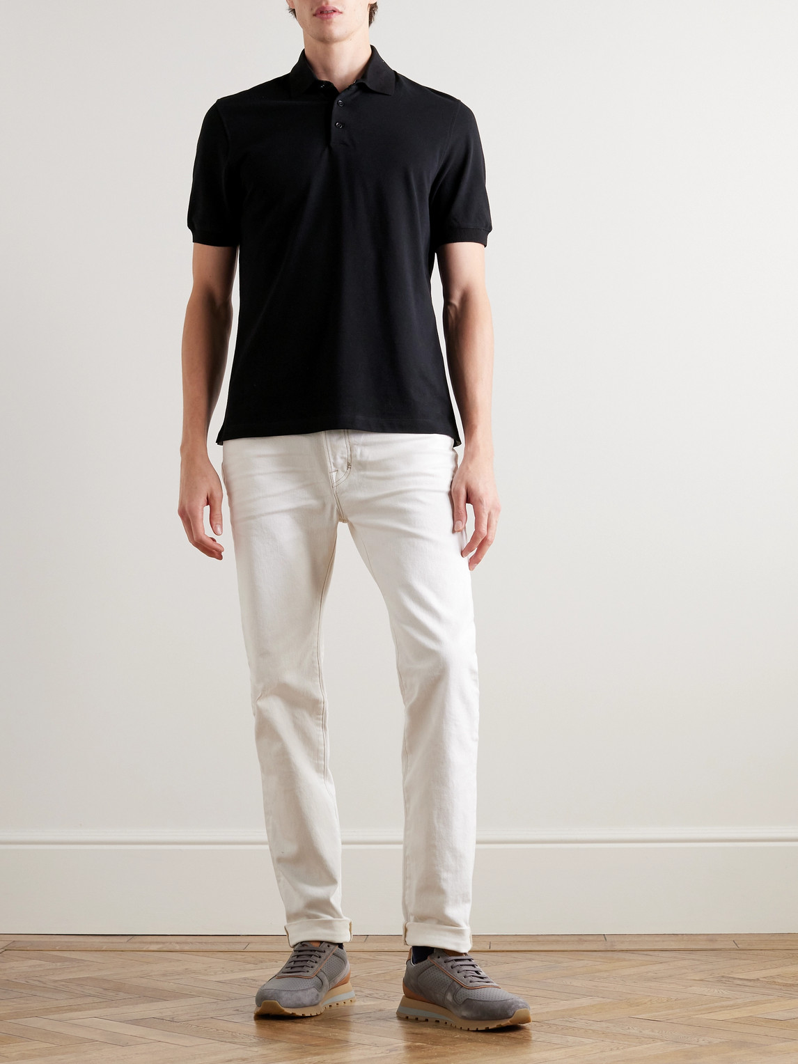 Shop Brunello Cucinelli Slim-fit Cotton-piqué Polo Shirt In Black