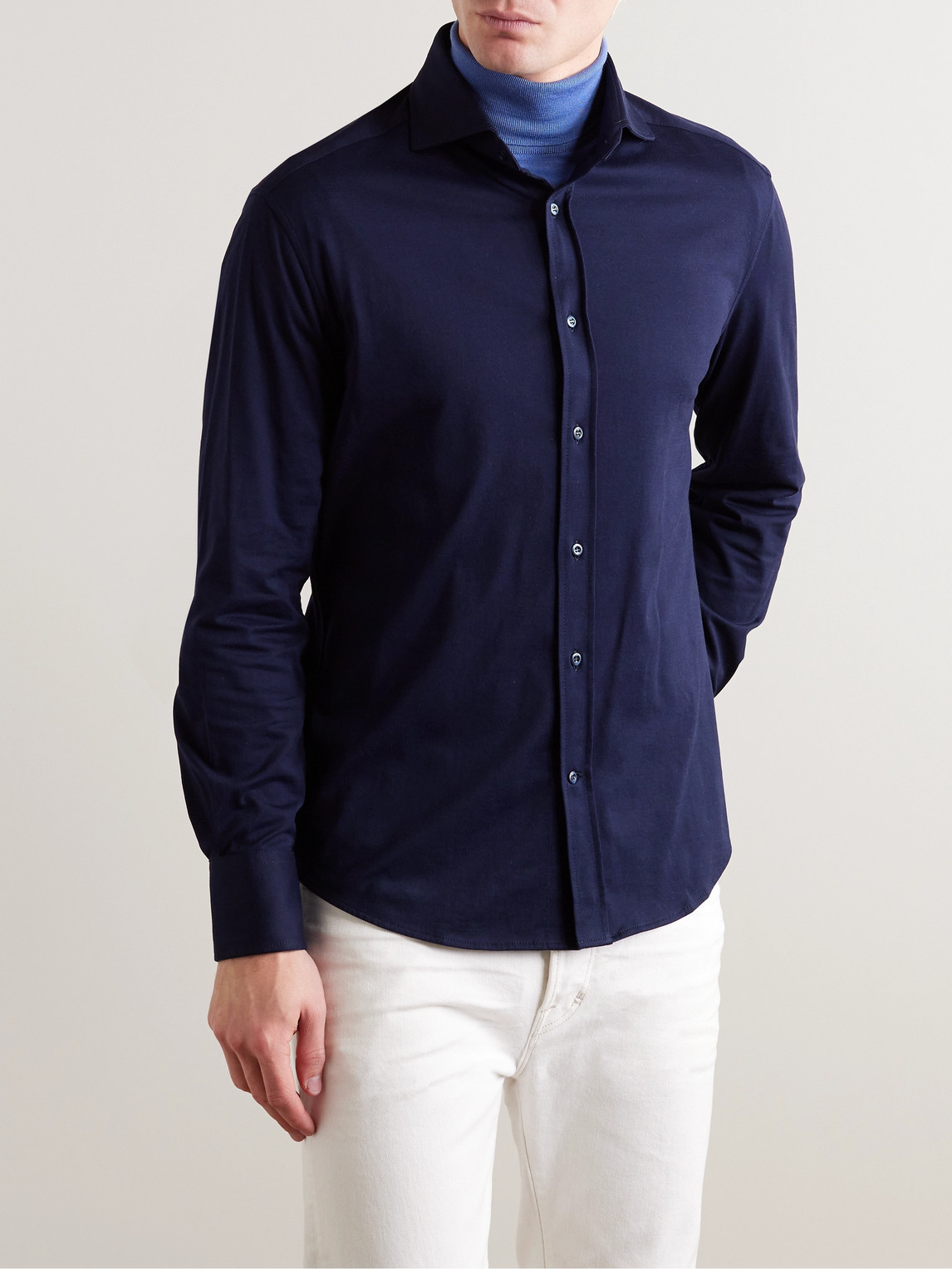 Shop Brunello Cucinelli Cotton-jersey Shirt In Blue