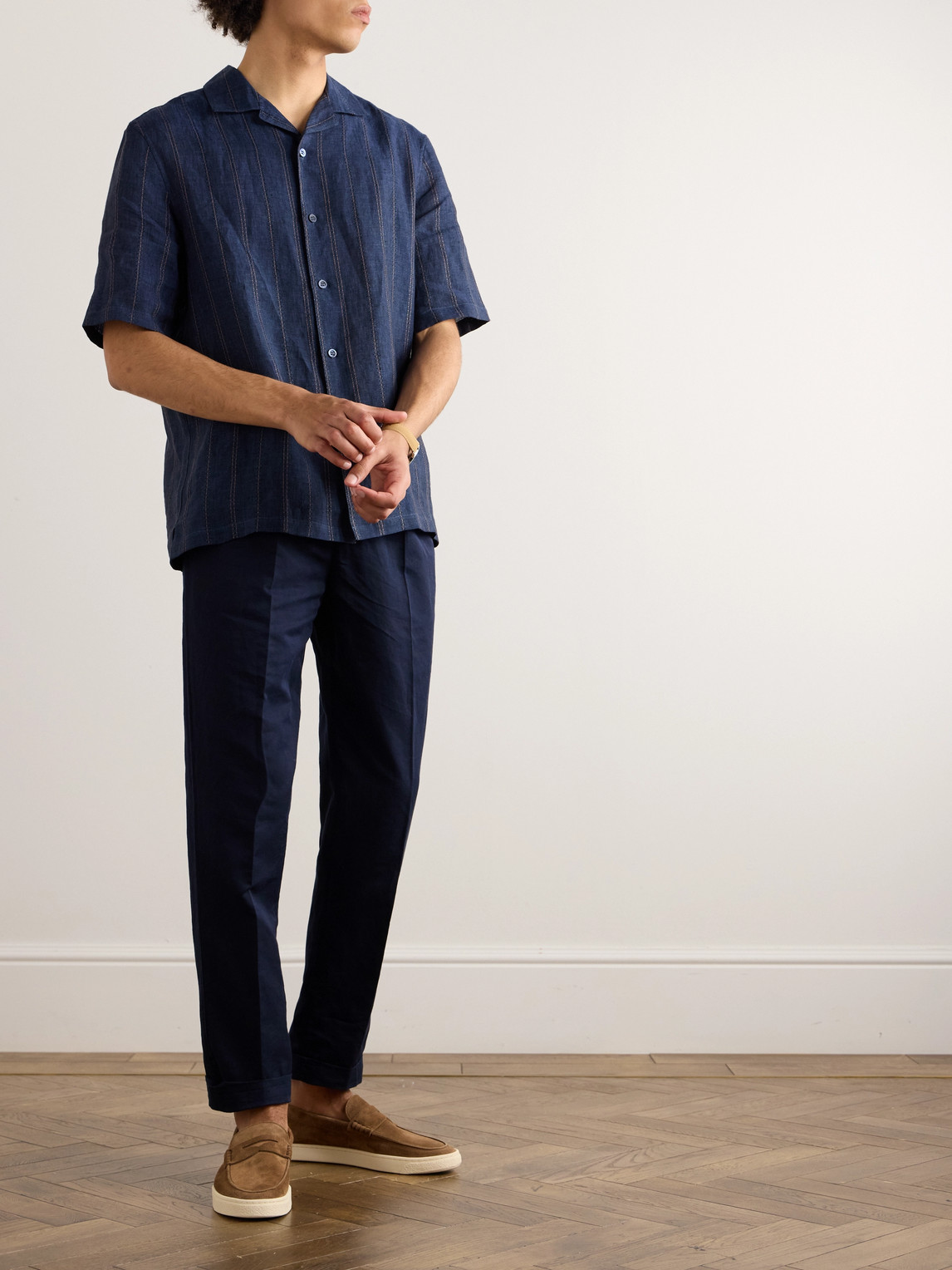 Shop Brunello Cucinelli Straight-leg Pleated Linen And Cotton-blend Trousers In Blue