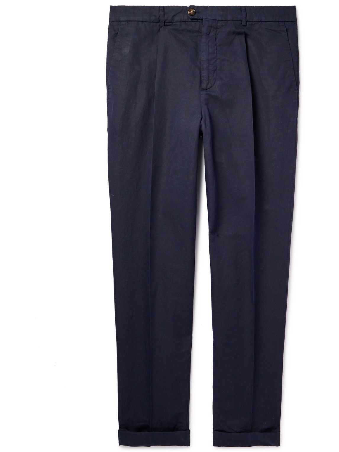 Brunello Cucinelli Straight-leg Pleated Linen And Cotton-blend Trousers In Blue