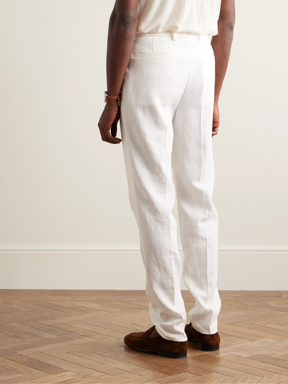 Shop Brunello Cucinelli Slim-fit Pleated Linen Trousers In White