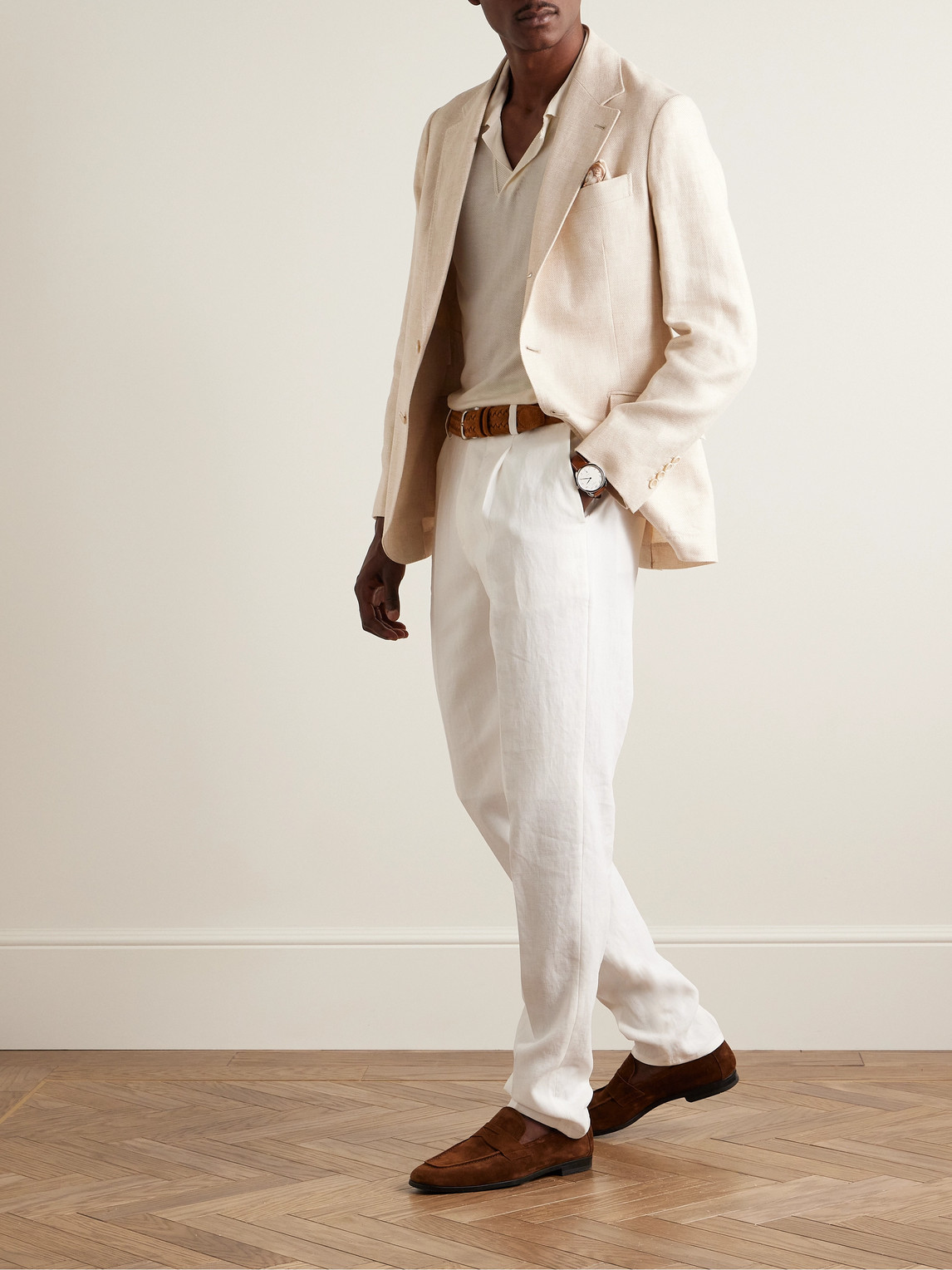 Shop Brunello Cucinelli Slim-fit Pleated Linen Trousers In White