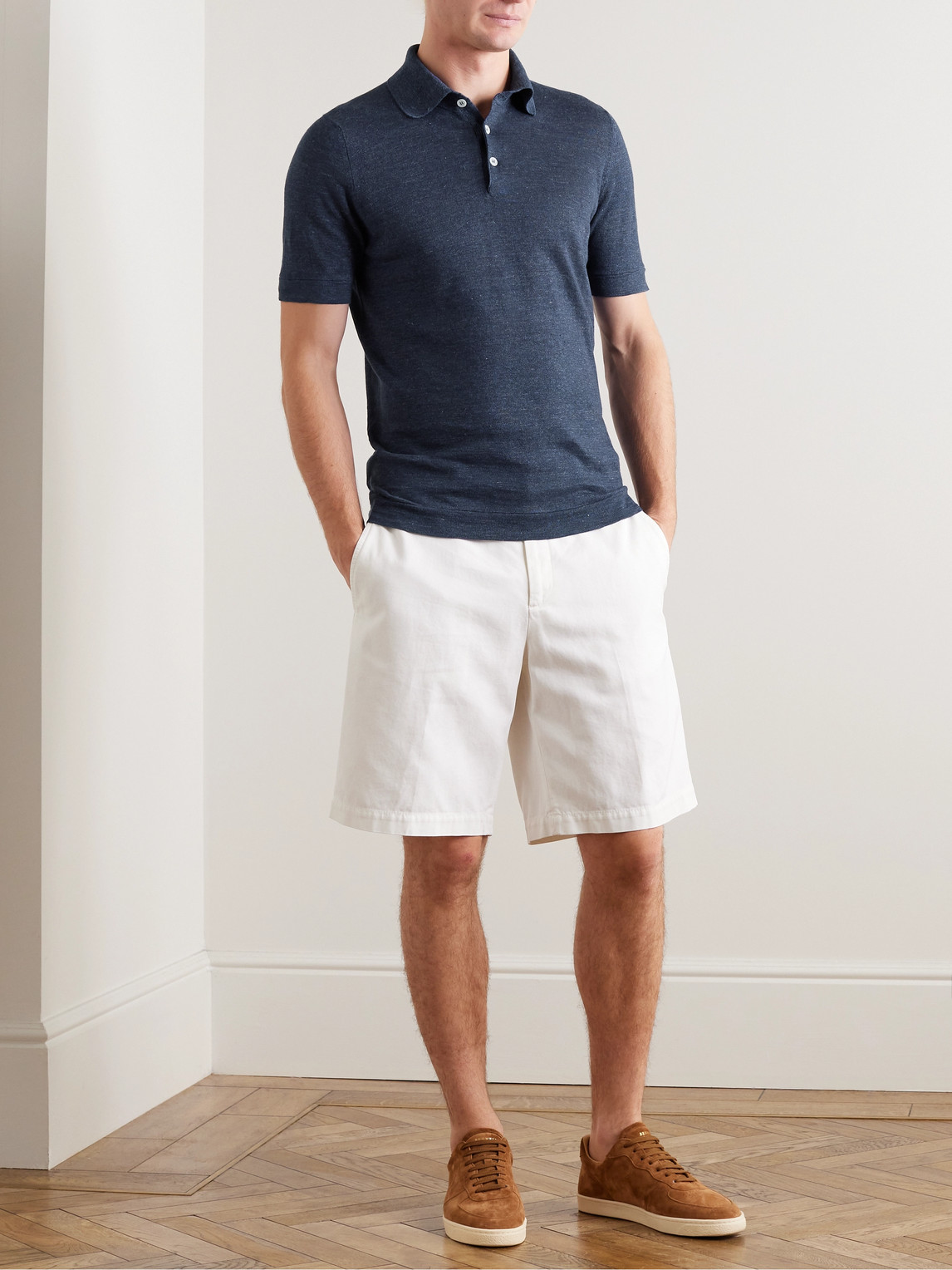 Shop Brunello Cucinelli Linen And Cotton-blend Polo Shirt In Blue