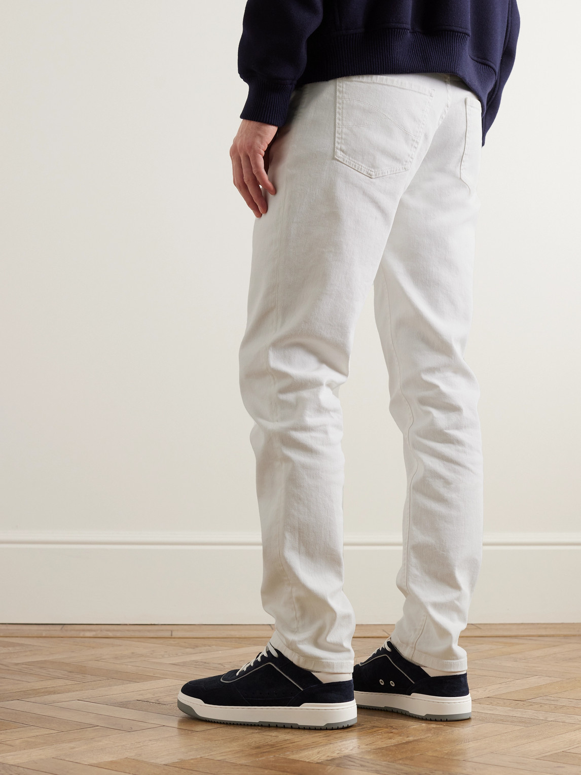 Shop Brunello Cucinelli Slim-fit Straight-leg Logo-embroidered Jeans In White