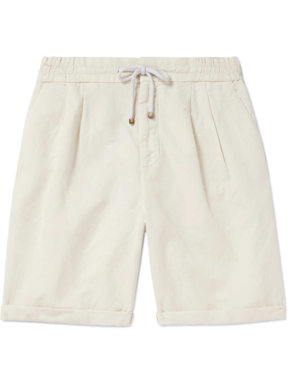 Brunello Cucinelli Wide-leg Pleated Linen And Cotton-blend Drawstring Shorts In Neutrals