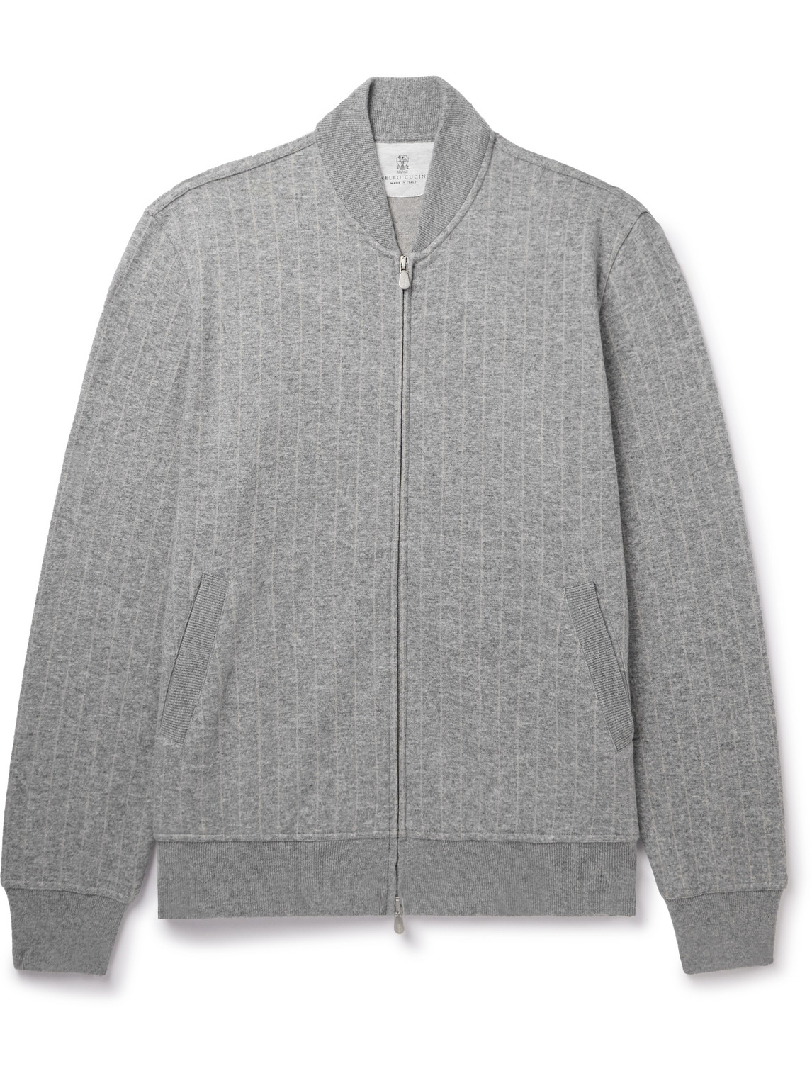 Brunello Cucinelli Pinstriped Cashmere And Cotton-blend Bomber Jacket In Gray