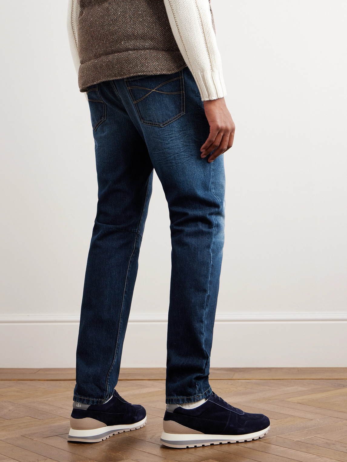 Shop Brunello Cucinelli Slim-fit Tapered Logo-embroidered Distressed Jeans In Blue