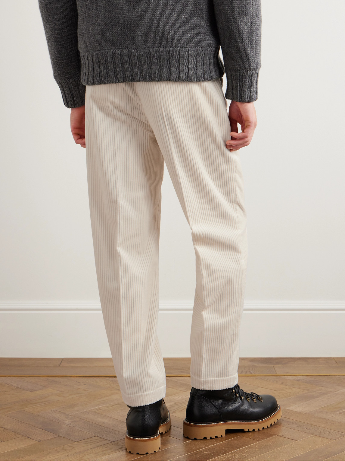 Shop Brunello Cucinelli Straight-leg Pleated Cotton-corduroy Trousers In White