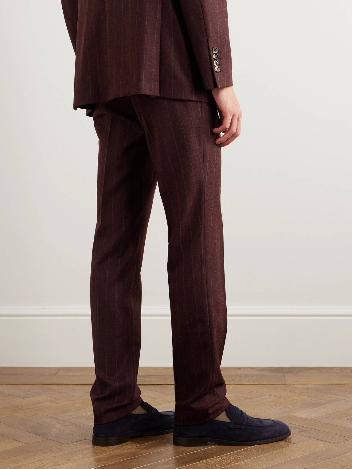 Shop Brunello Cucinelli Straight-leg Pinstriped Brushed Wool, Mohair And Cashmere-blend Suit Trousers In Red