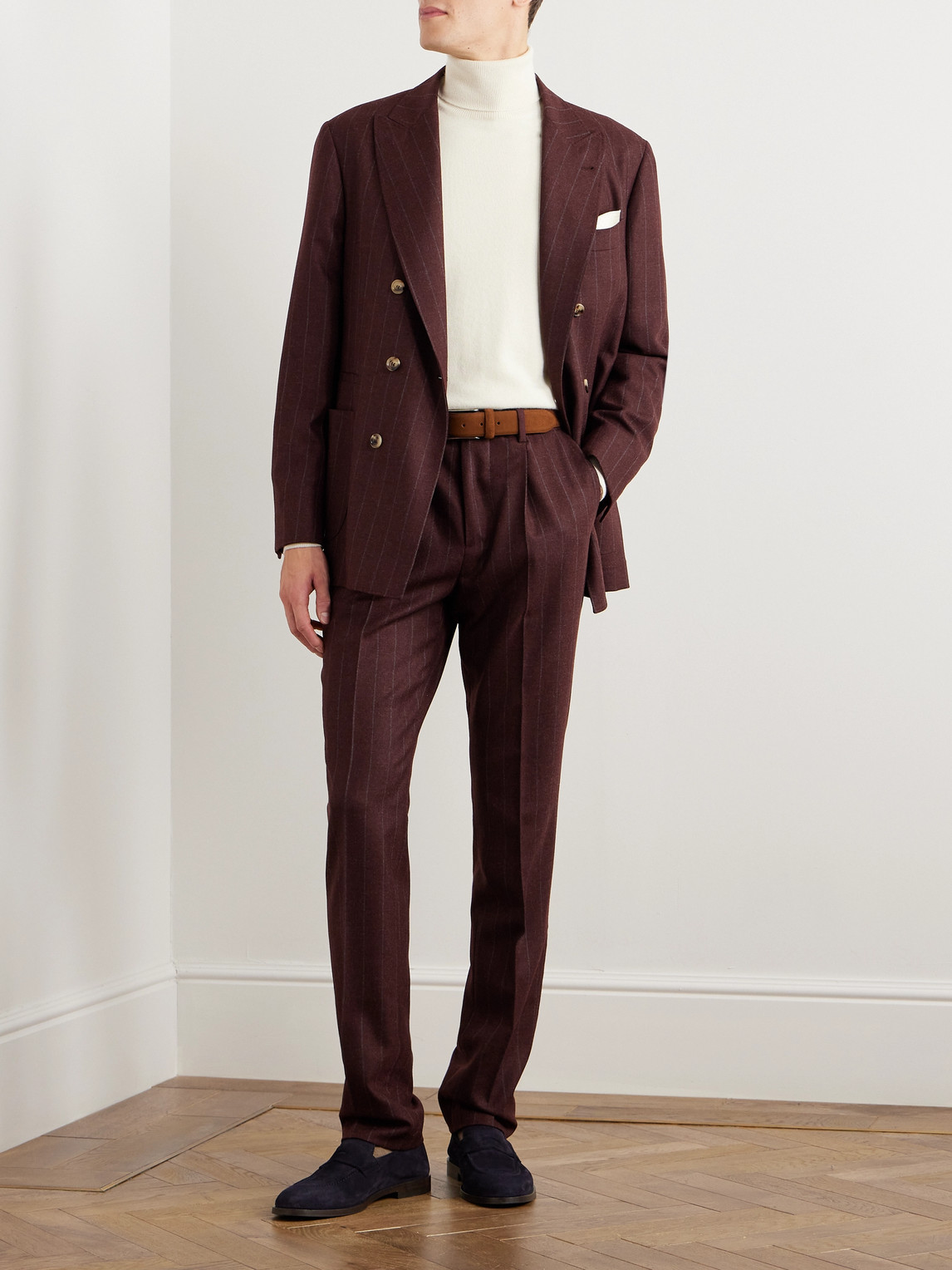 Shop Brunello Cucinelli Straight-leg Pinstriped Brushed Wool, Mohair And Cashmere-blend Suit Trousers In Red