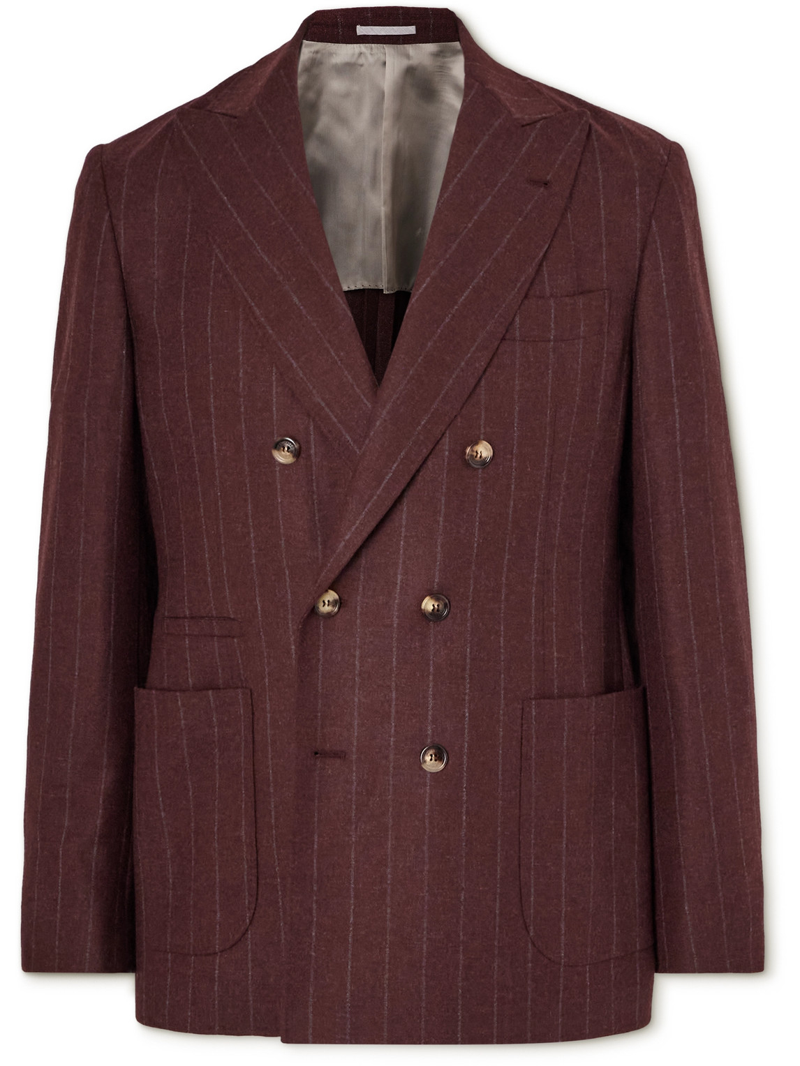 Shop Brunello Cucinelli Double-breasted Pinstriped Wool, Mohair And Cashmere-blend Suit Jacket In Red