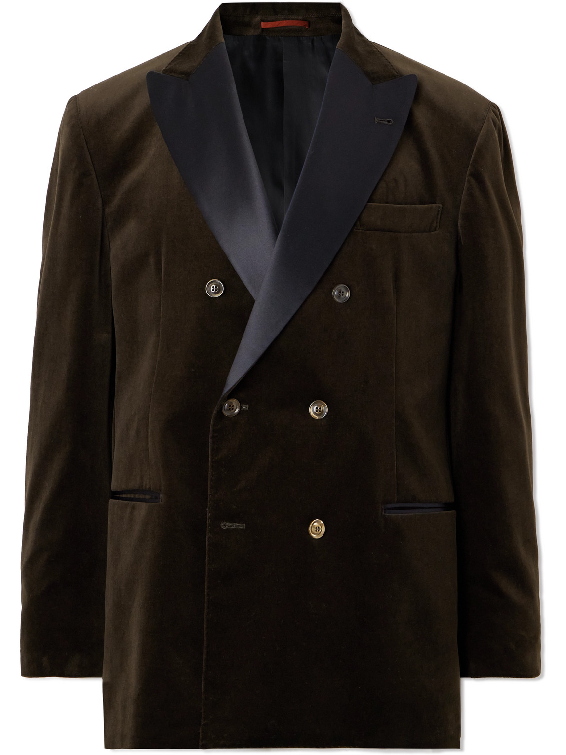 Brunello Cucinelli Shawl-collar Double-breasted Cotton-velvet Tuxedo Jacket In Brown
