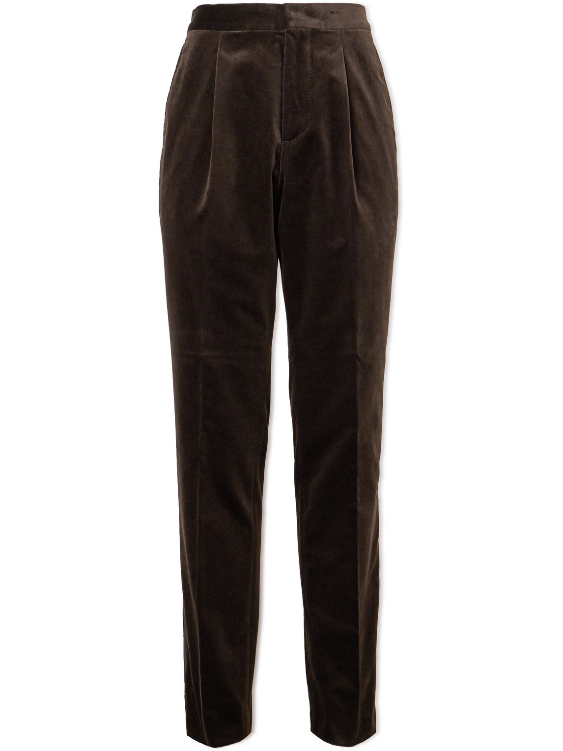 Brunello Cucinelli Straight-leg Pleated Satin-trimmed Cotton-velvet Tuxedo Trousers In Brown