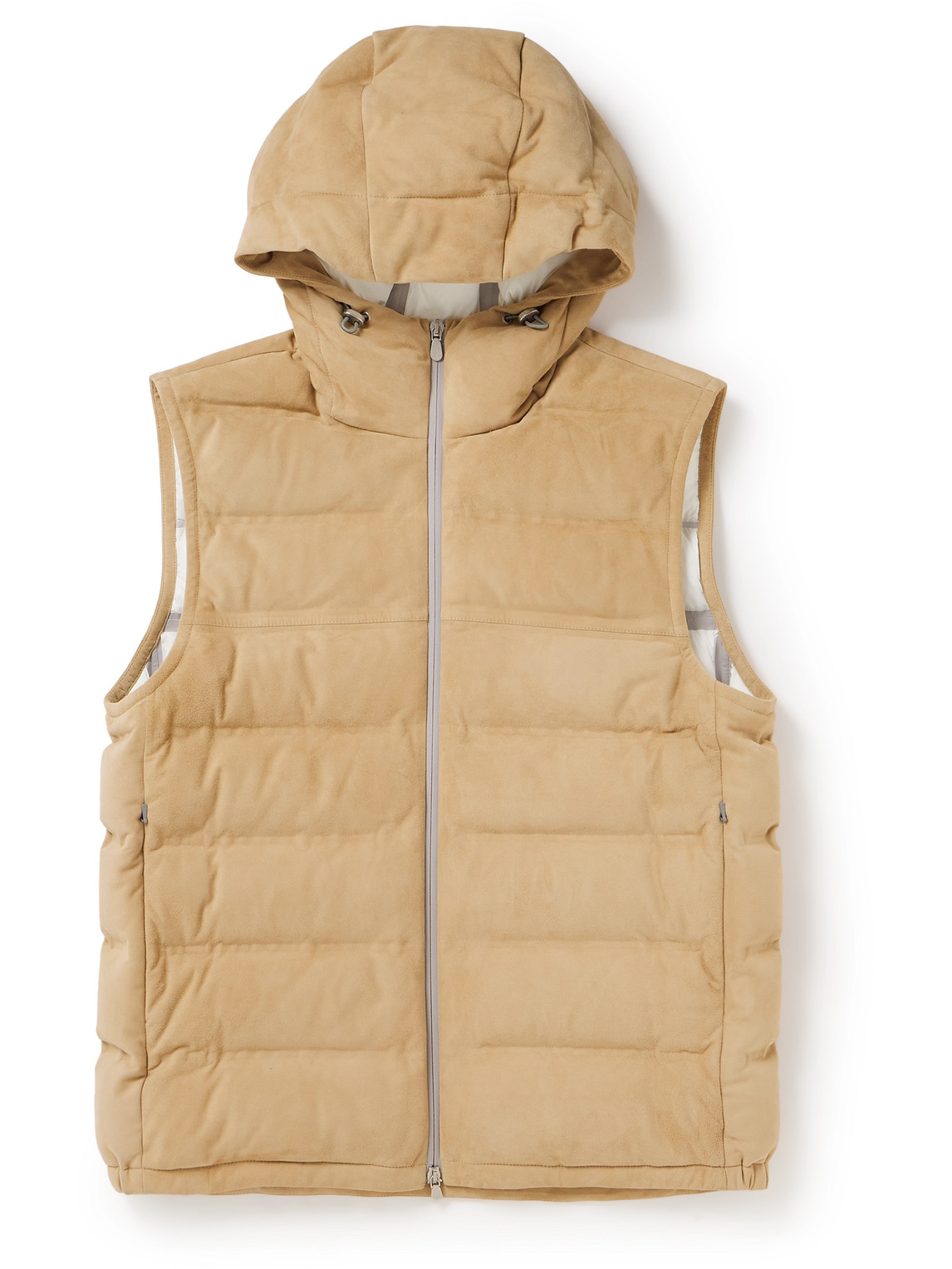 Brunello Cucinelli Quilted Suede Hooded Down Gilet In Neutrals