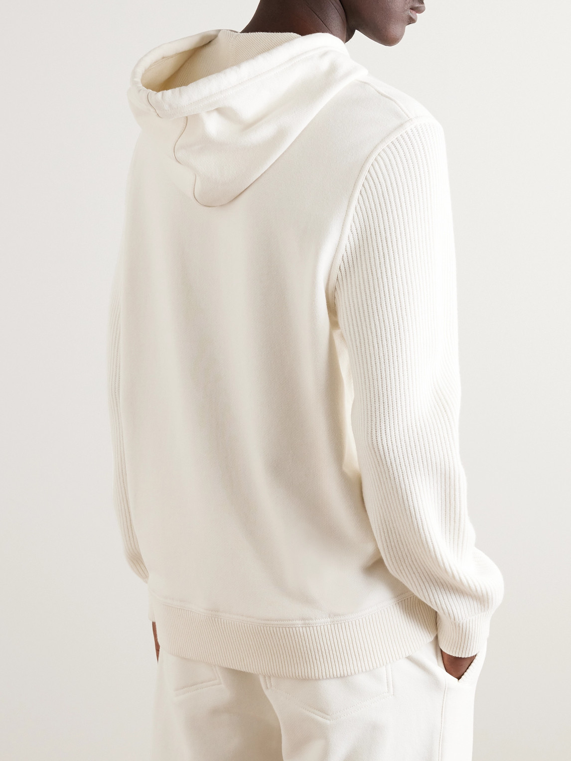 Shop Brunello Cucinelli Brushed Cotton-jersey And Ribbed Virgin Wool, Cashmere And Silk-blend Hoodie In White