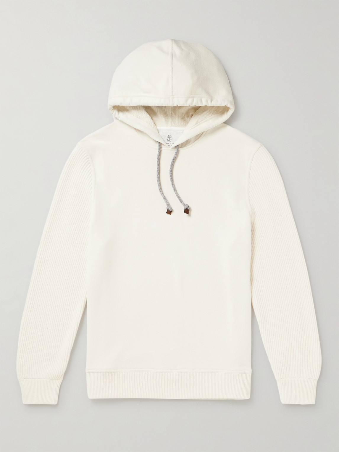 Brunello Cucinelli Brushed Cotton-jersey And Ribbed Virgin Wool, Cashmere And Silk-blend Hoodie In White