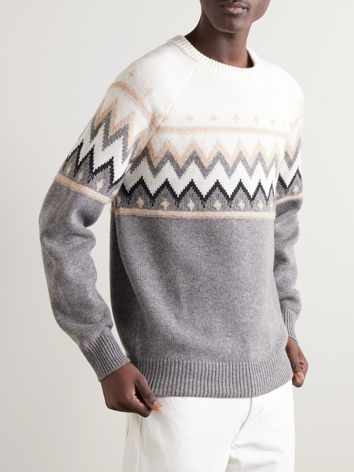 Shop Brunello Cucinelli Fair Isle Cashmere Sweater In Gray