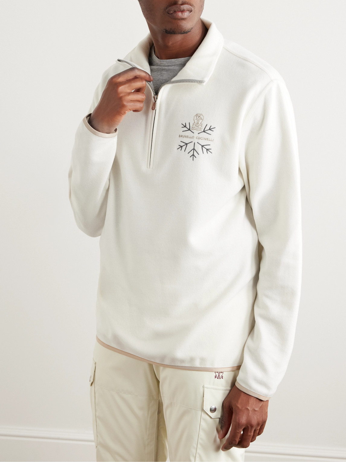 Shop Brunello Cucinelli Logo-embroidered Fleece Half-zip Ski Base Layer In White