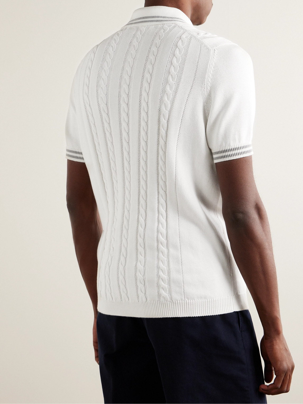 Shop Brunello Cucinelli Logo-appliquéd Striped Cable-knit Cotton Polo Shirt In White