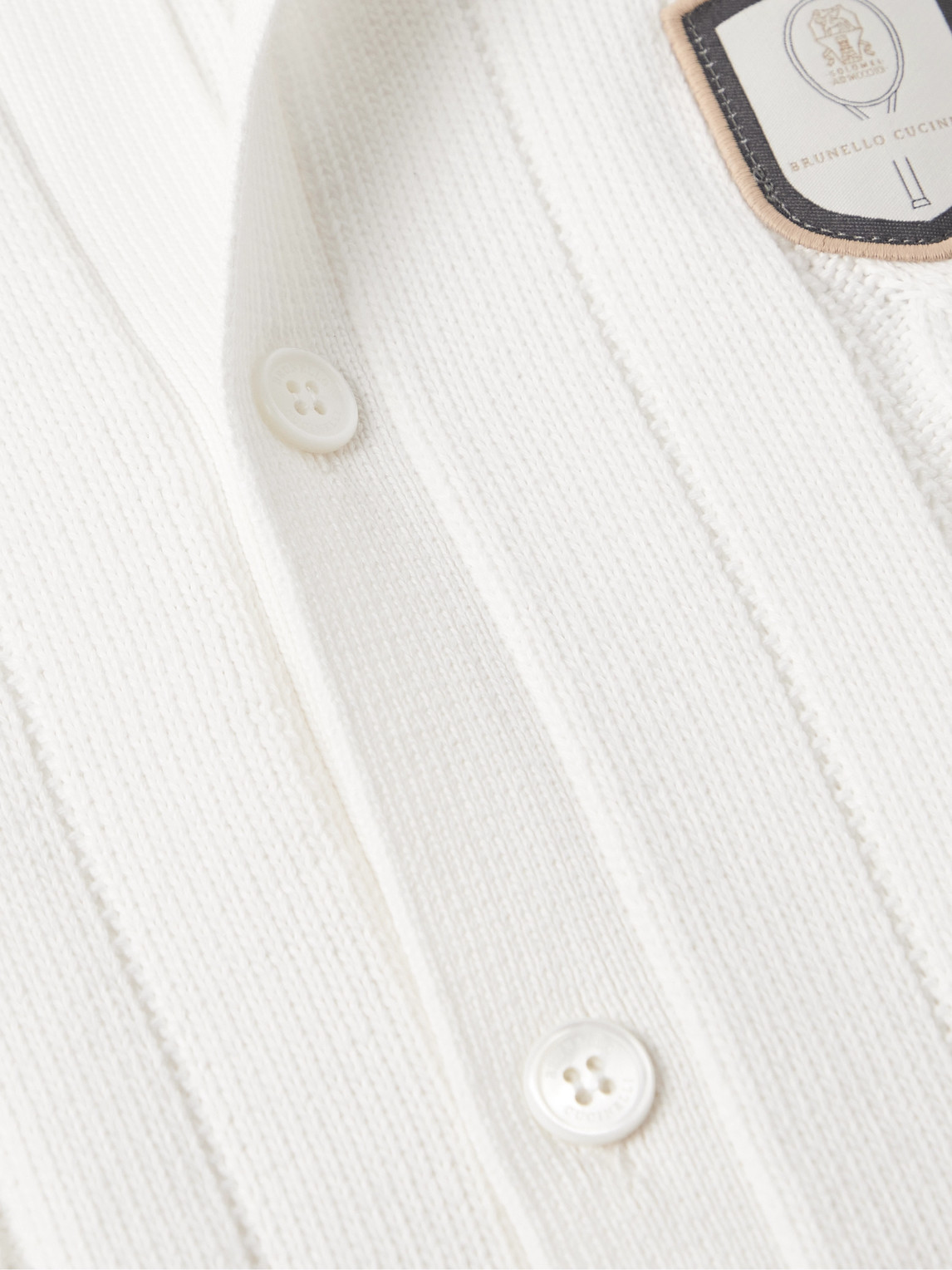 Shop Brunello Cucinelli Logo-appliquéd Striped Cable-knit Cotton Polo Shirt In White