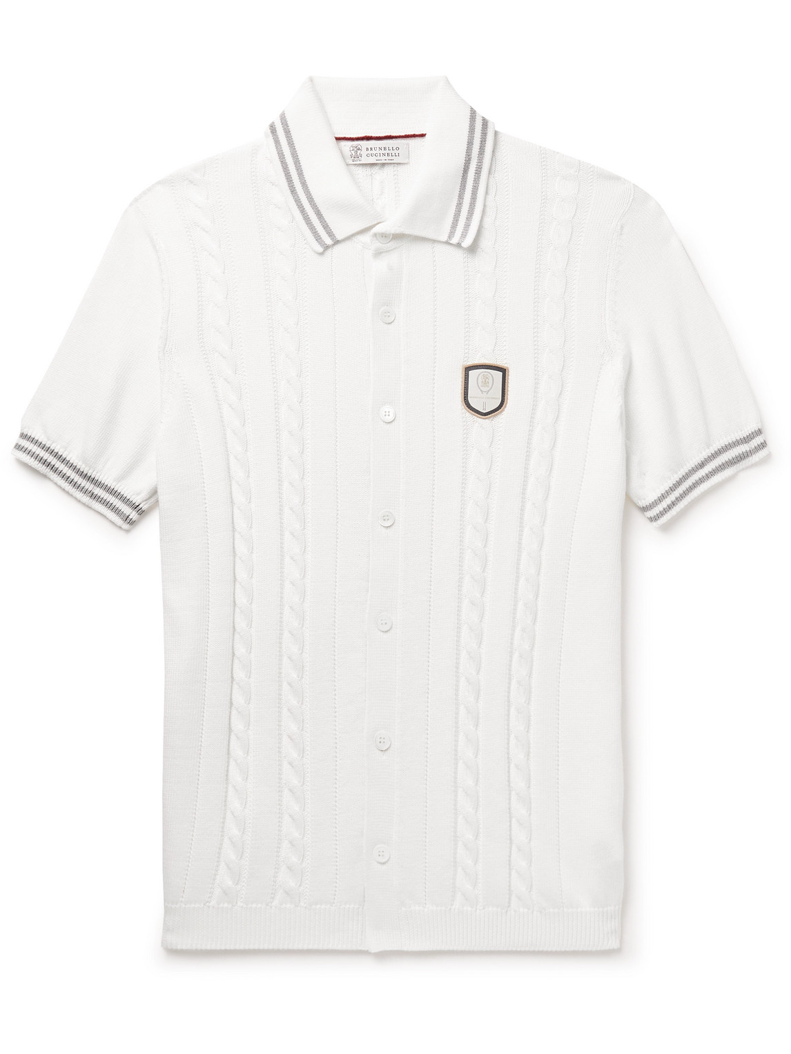 Shop Brunello Cucinelli Logo-appliquéd Striped Cable-knit Cotton Polo Shirt In White