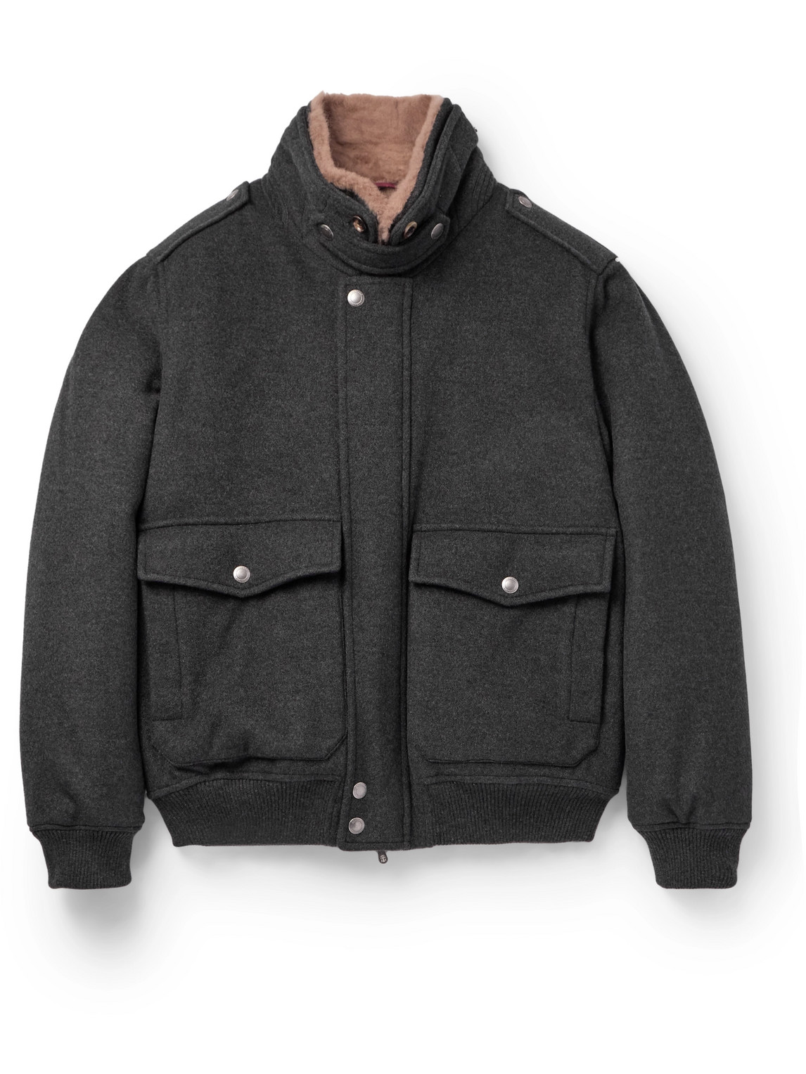Brunello Cucinelli Shearling-trimmed Cashmere Bomber Jacket In Gray