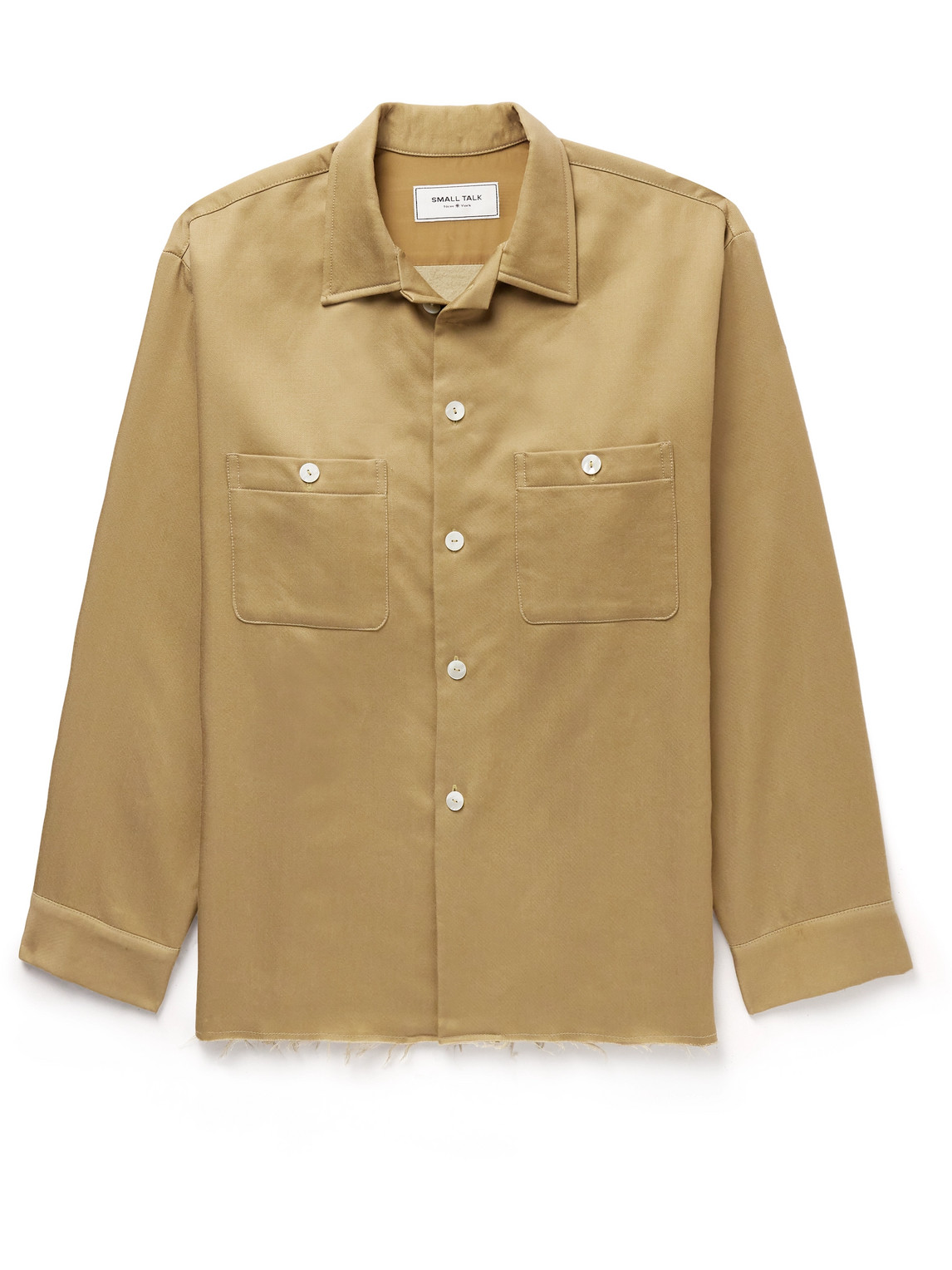 Small Talk Throwing Fits Frayed Tencel™ Lyocell-blend Twill Overshirt In Neutrals