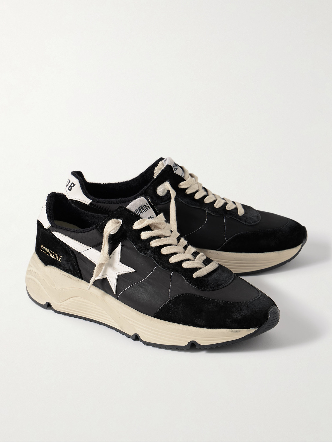 Shop Golden Goose Running Sole Distressed Leather, Shell And Suede Sneakers In Black