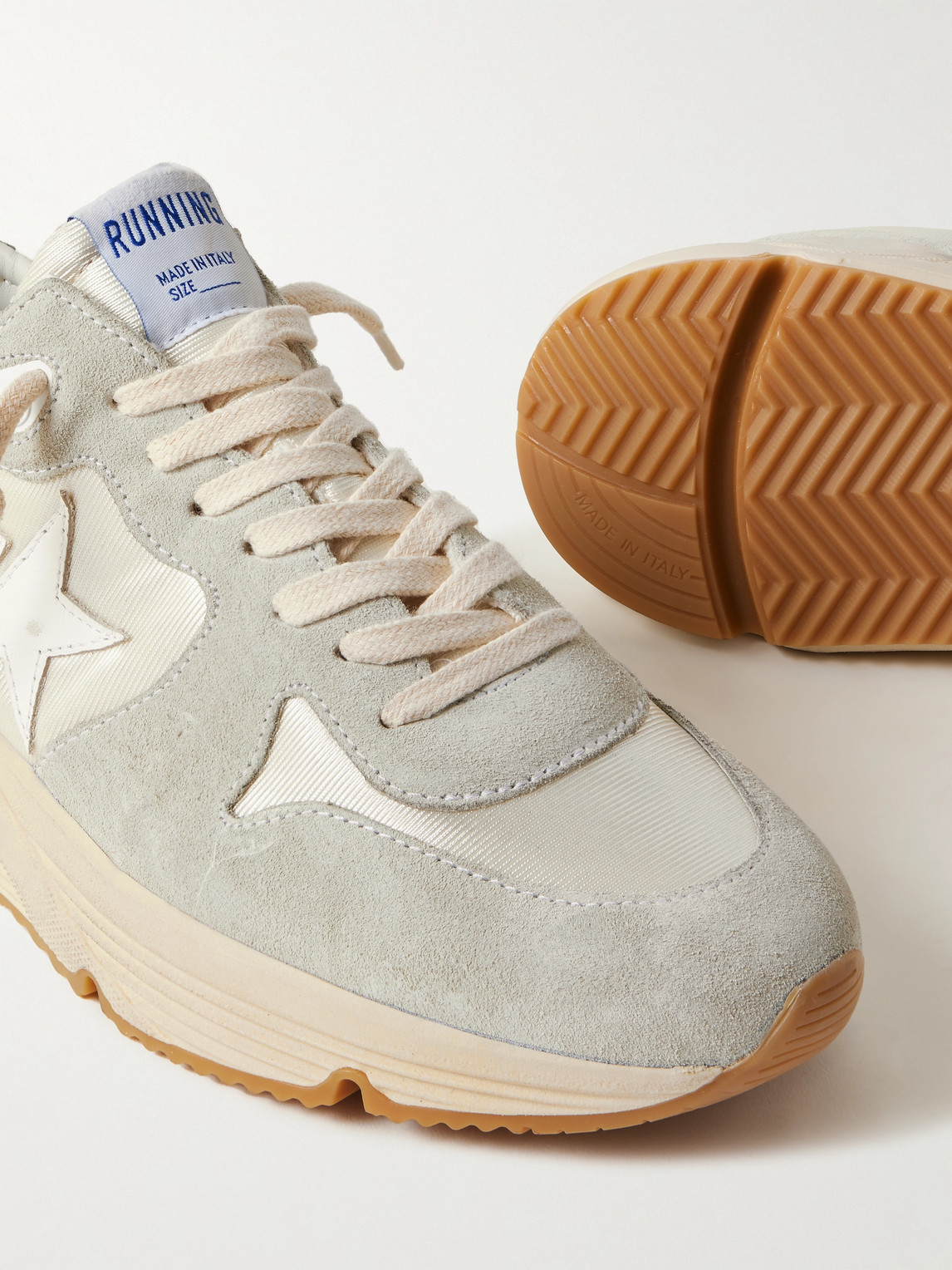 Golden Goose Running Sole Leather-trimmed Distressed Suede And Silk-faille Sneakers In Neutrals