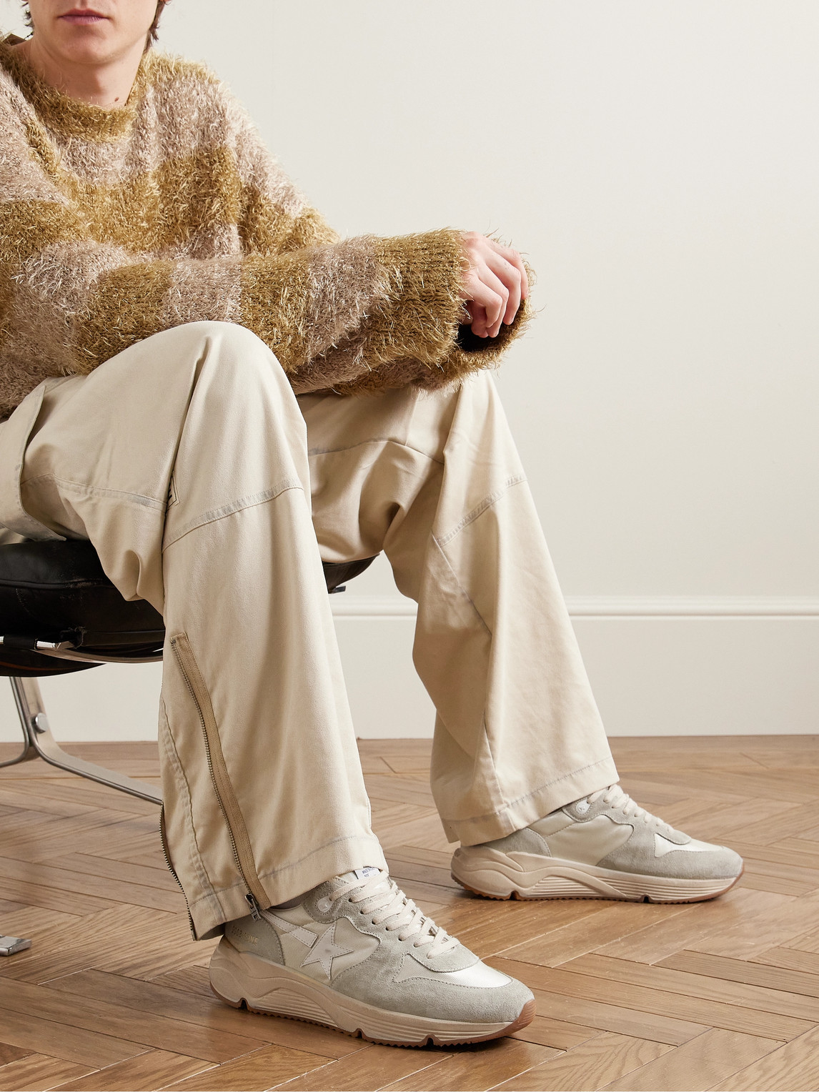 Golden Goose Running Sole Leather-trimmed Distressed Suede And Silk-faille Sneakers In Neutrals