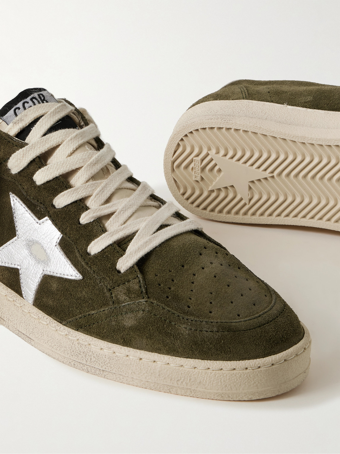 Shop Golden Goose Ball Star Distressed Leather-trimmed Suede Sneakers In Green