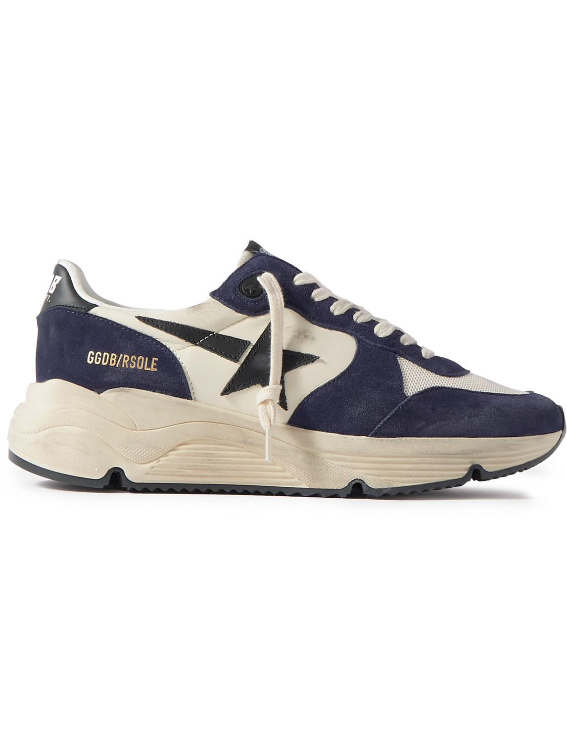Golden Goose Running Sole Distressed Leather, Suede And Mesh Sneakers In Navy Beige