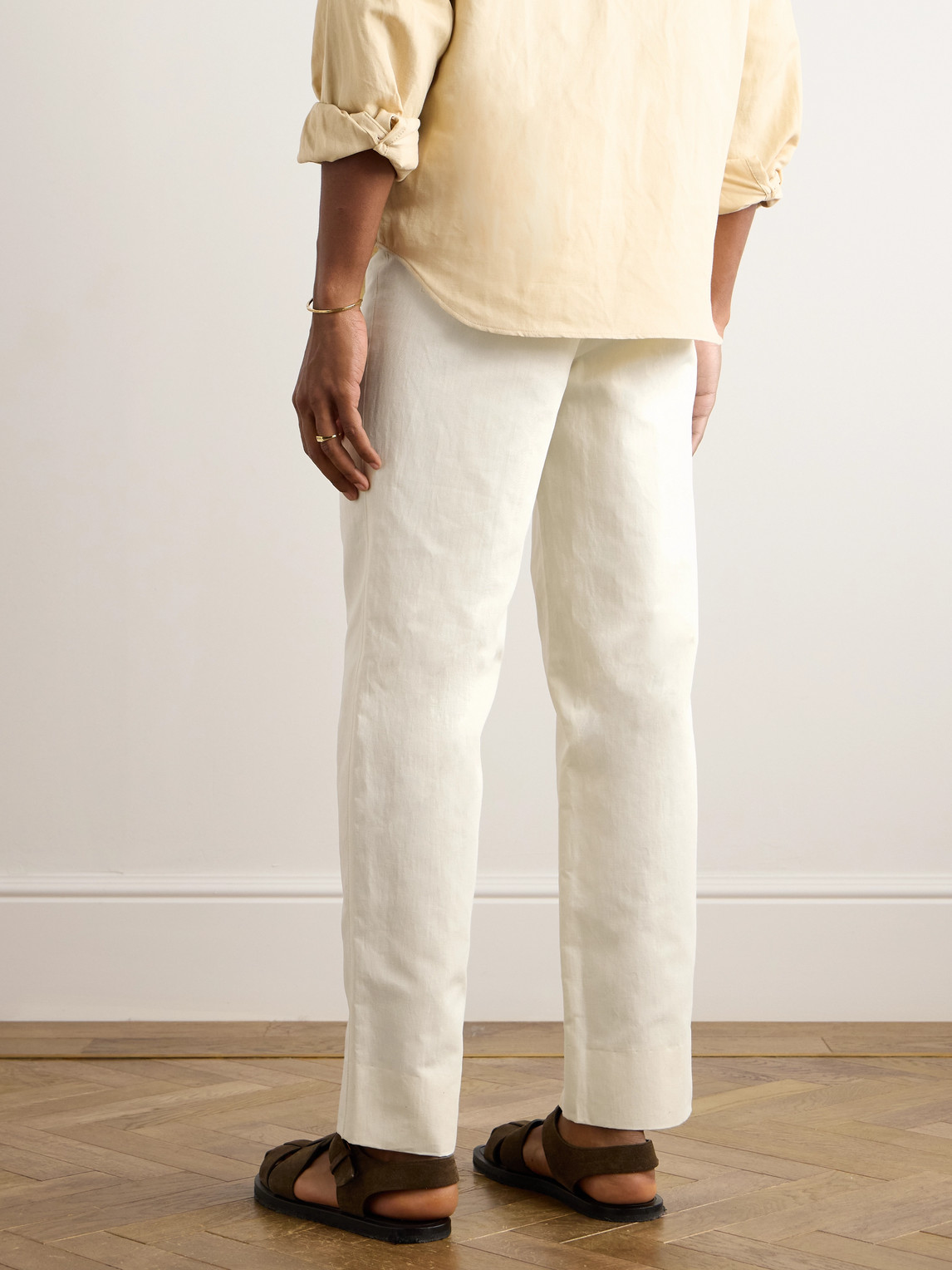 Shop Stòffa Straight-leg Cotton And Linen-blend Twill Trousers In Neutrals