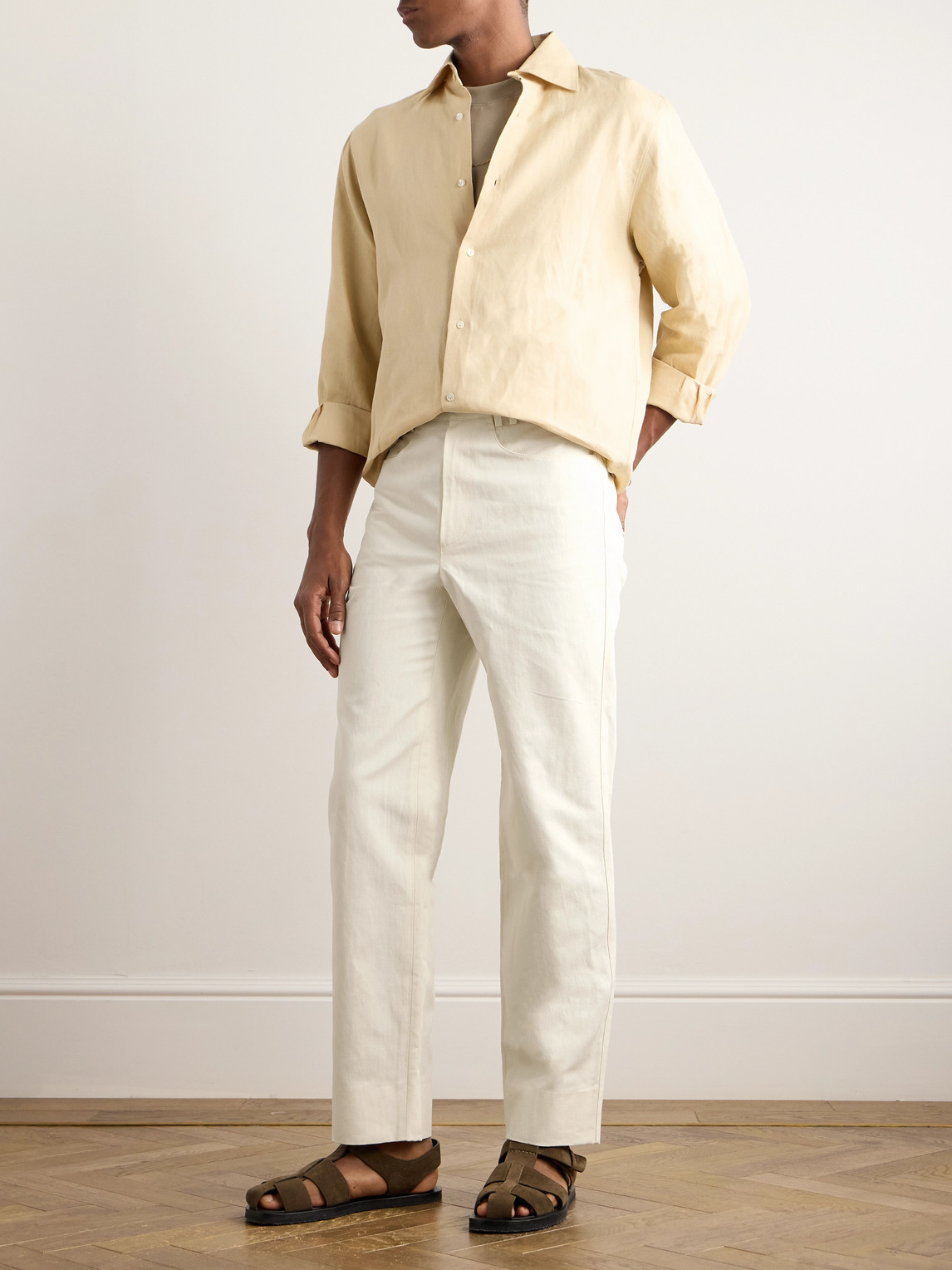 Shop Stòffa Straight-leg Cotton And Linen-blend Twill Trousers In Neutrals