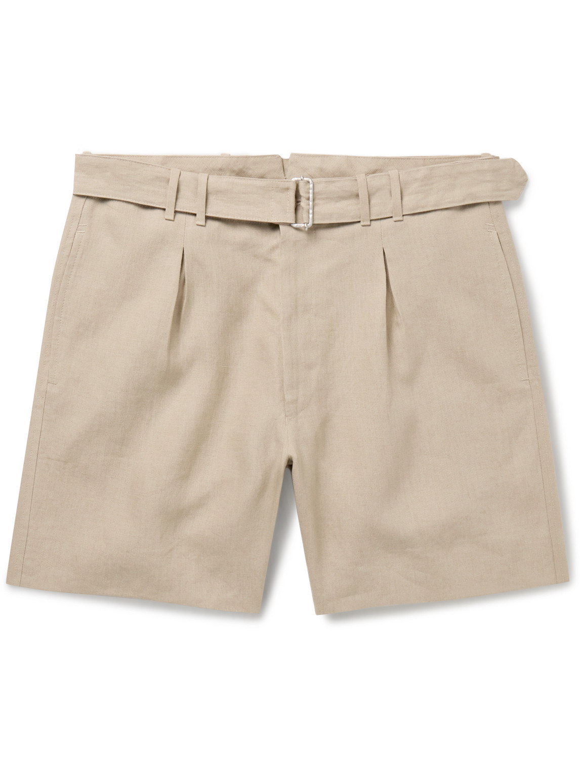 Wide-Leg Belted Pleated Linen Shorts