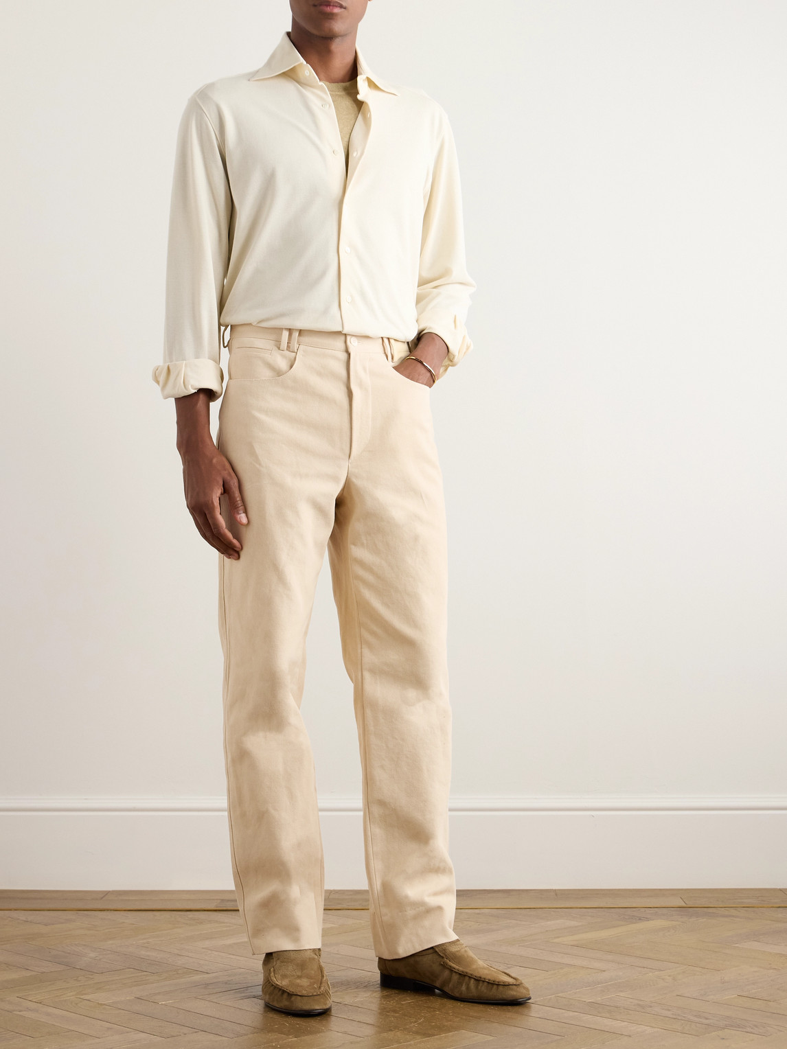 Shop Stòffa Straight-leg Basketweave Cotton Trousers In Neutrals