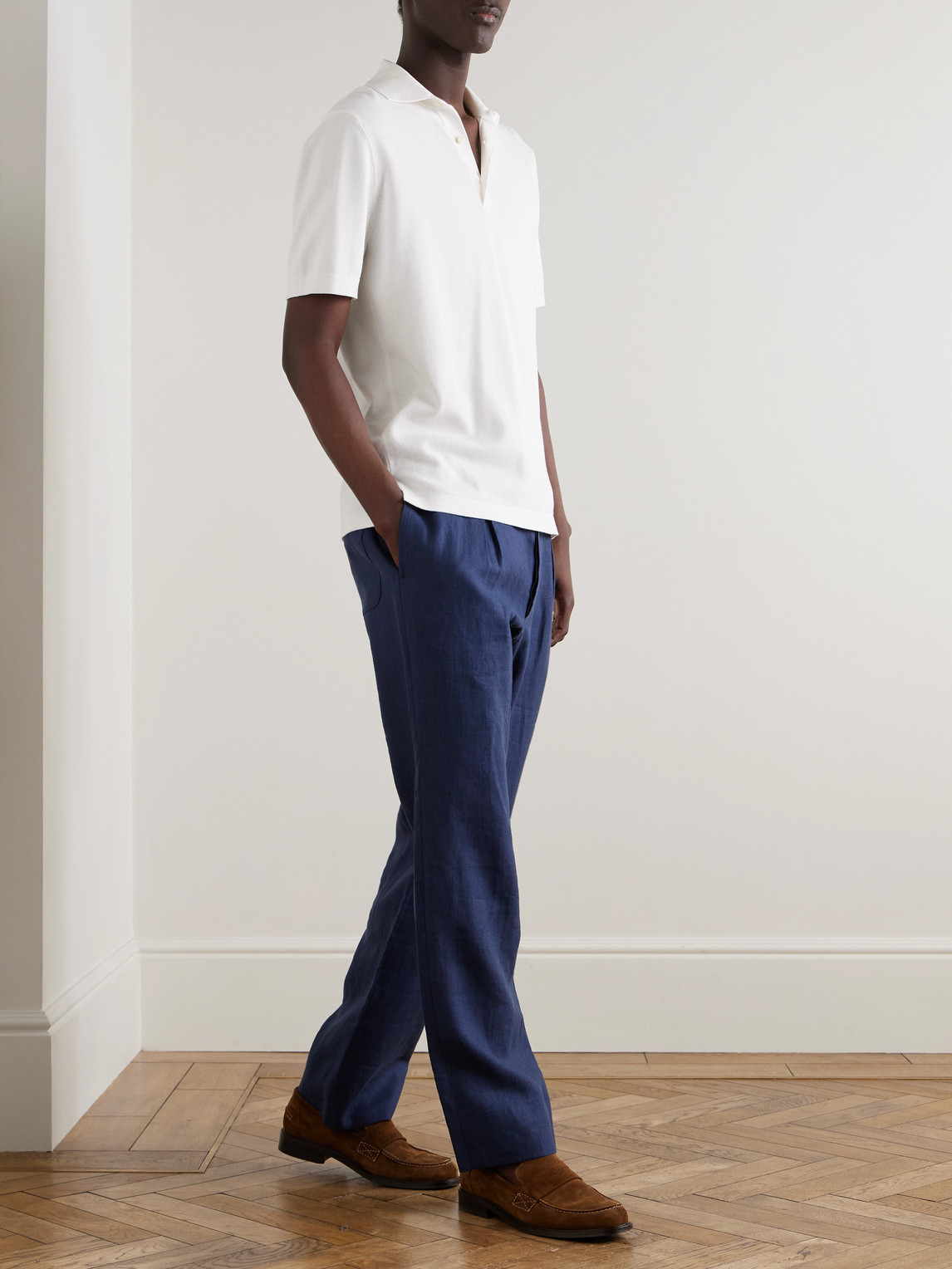 Shop Stòffa Straight-leg Linen-twill Drawstring Trousers In Blue