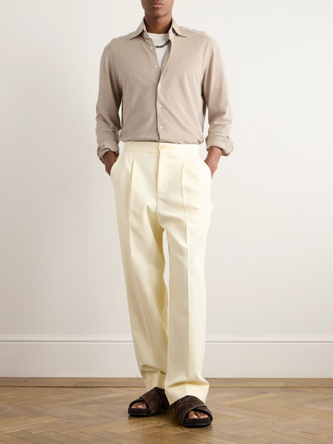 Shop Stòffa Spread-collar Cotton And Silk-blend Piqué Shirt In Neutrals