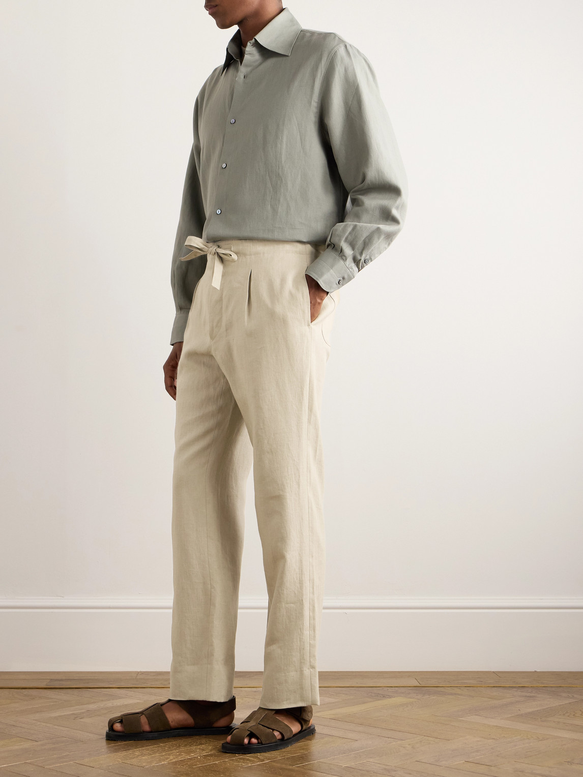 Shop Stòffa Straight-leg Linen-twill Drawstring Trousers In Neutrals