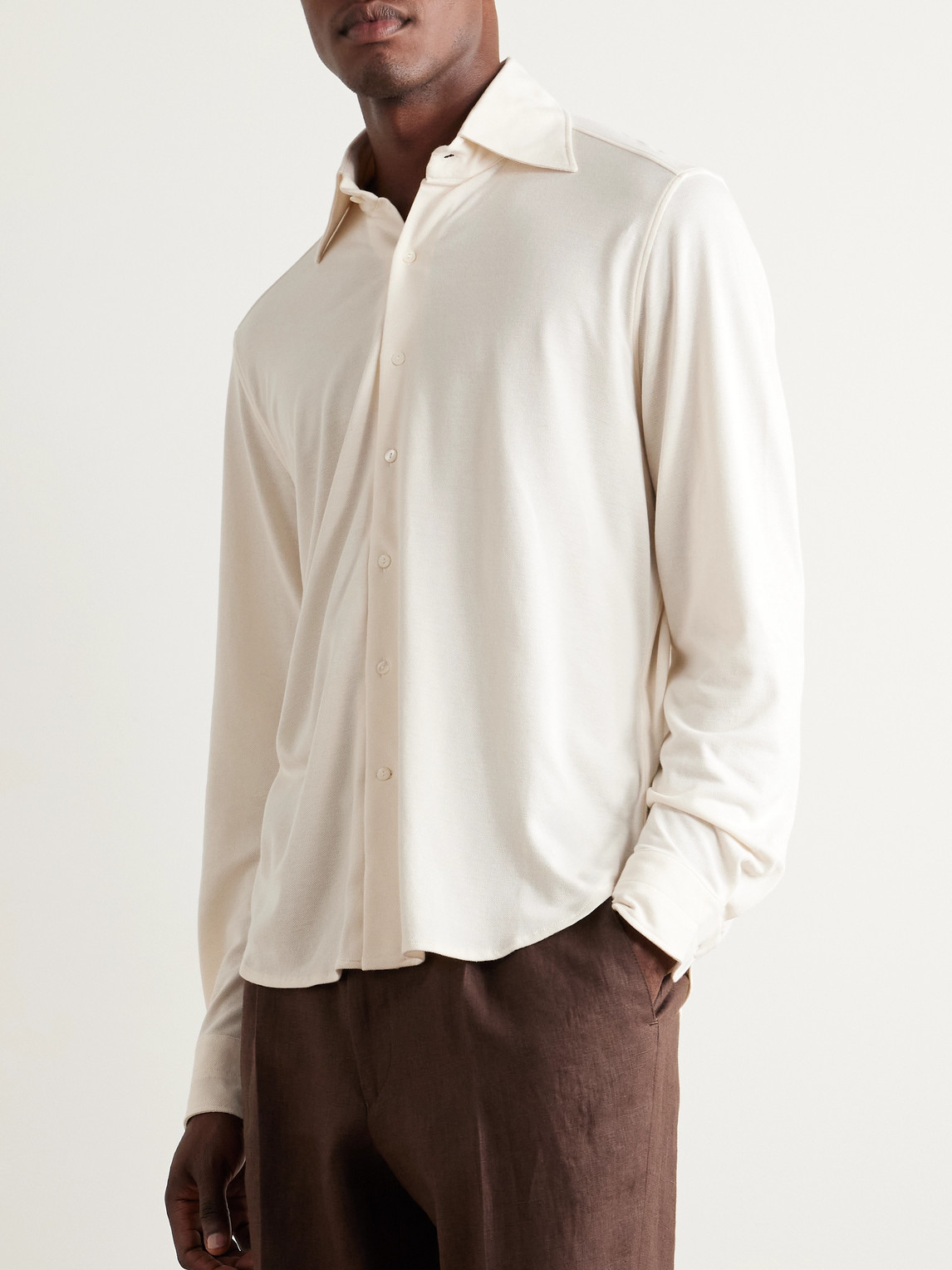 Shop Stòffa Spread-collar Cotton And Silk-blend Piqué Shirt In Neutrals