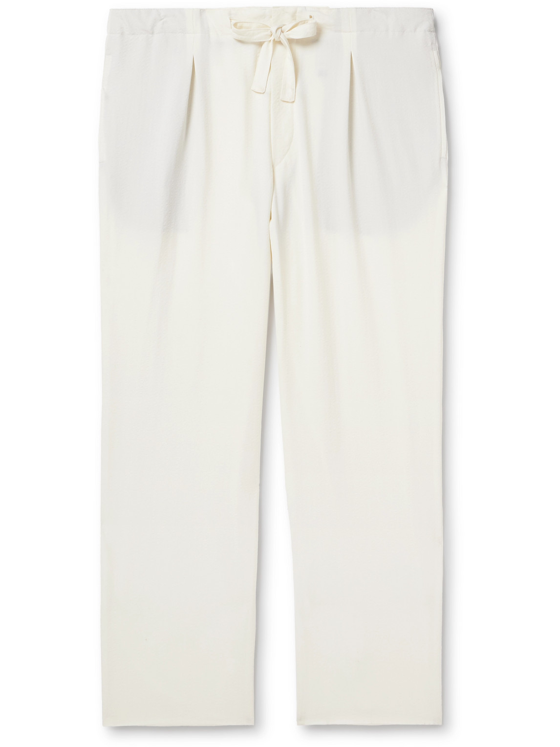 Straight-Leg Pleated Wool-Seersucker Drawstring Trousers