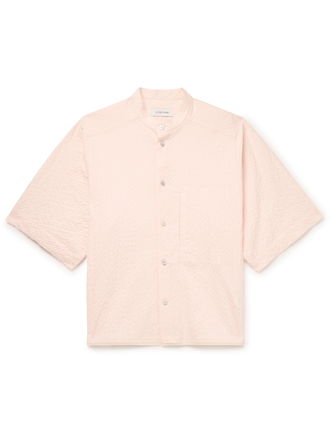 Le 17 Septembre Grandad-collar Perforated Cotton-blend Seersucker Shirt In Pink