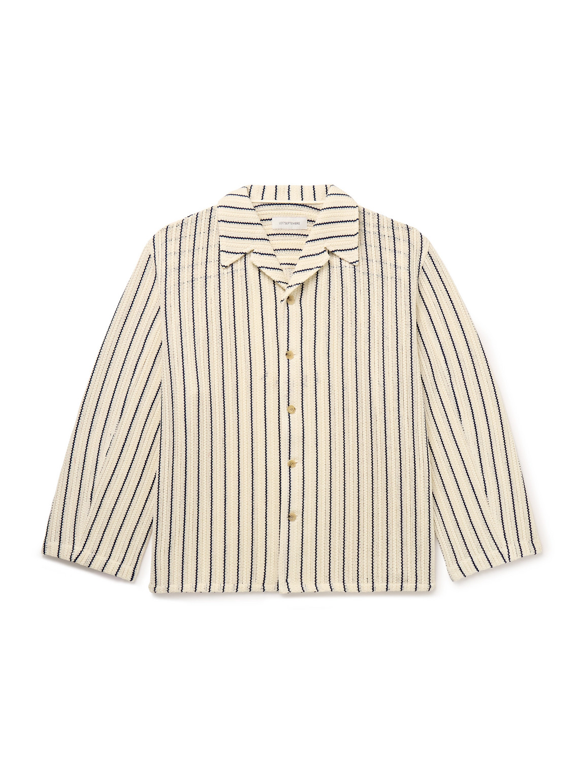 Le 17 Septembre Camp-collar Striped Crocheted Cotton Shirt In Neutrals