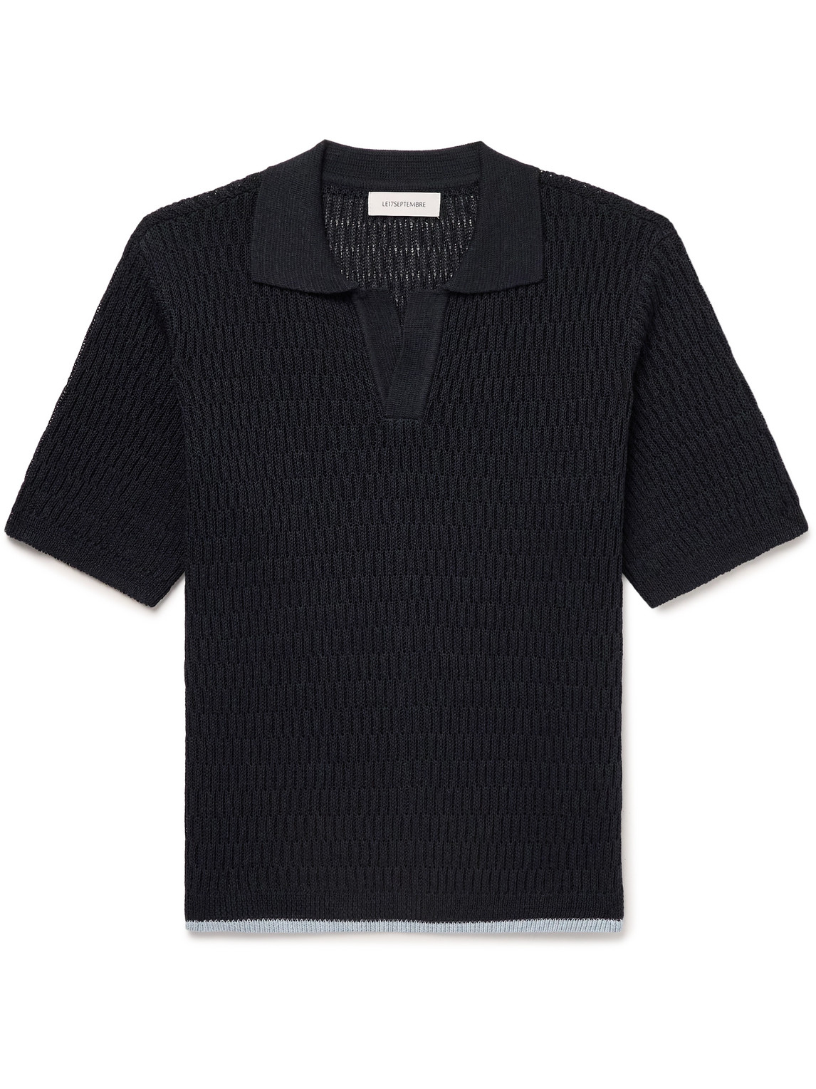 Le 17 Septembre Open-knit Ribbed Linen-blend Polo Shirt In Blue