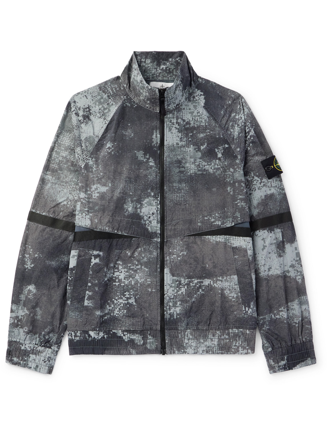 Stone Island Mesh-trimmed Logo-appliquéd Camouflage-print Shell Bomber Jacket In Grey