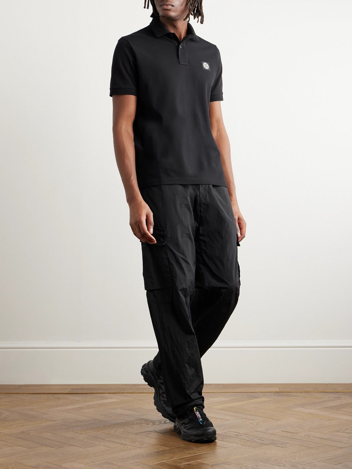 Shop Stone Island Logo-appliquéd Cotton-blend Piqué Polo Shirt In Black