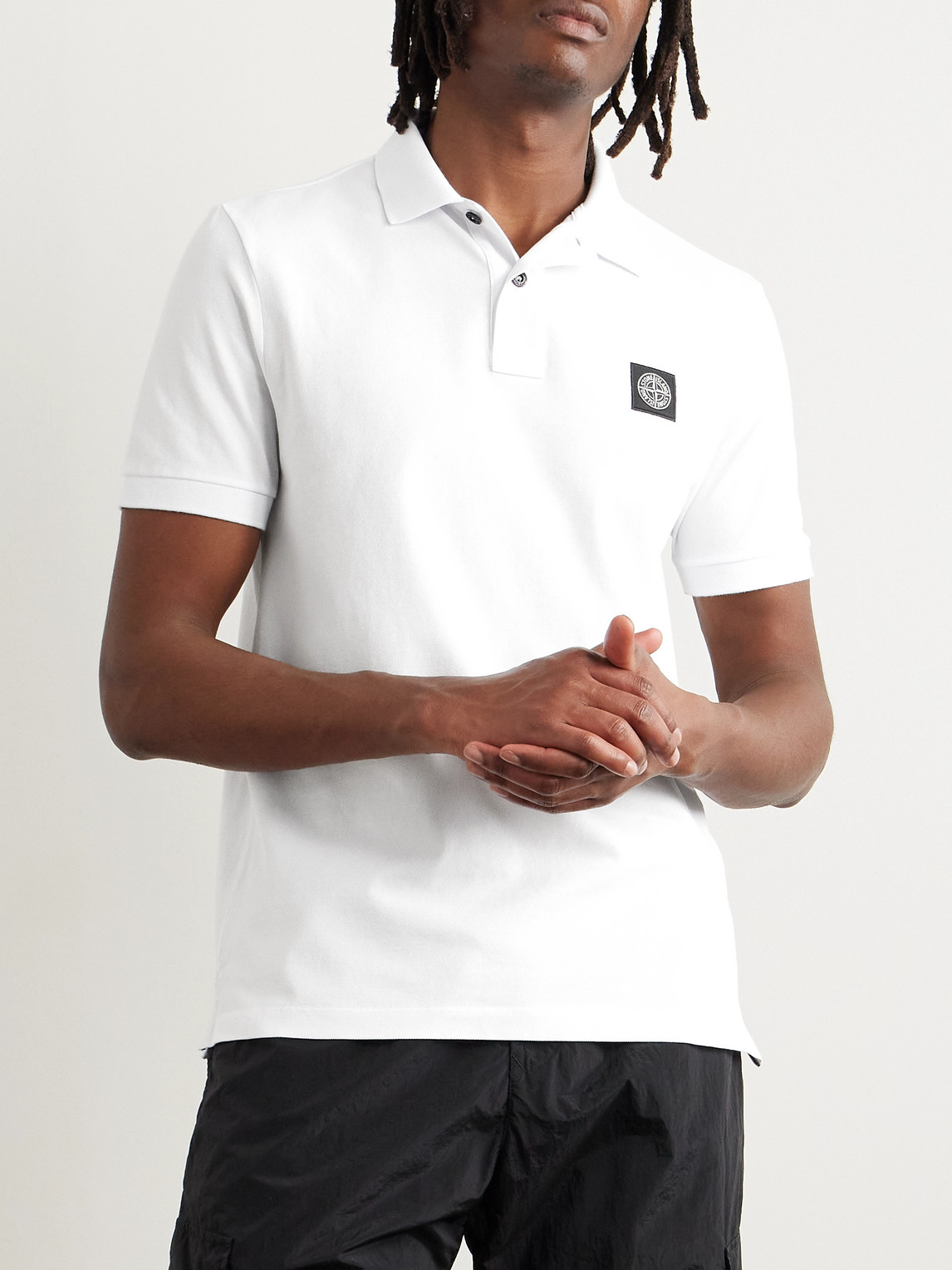 Shop Stone Island Logo-appliquéd Cotton-blend Piqué Polo Shirt In White