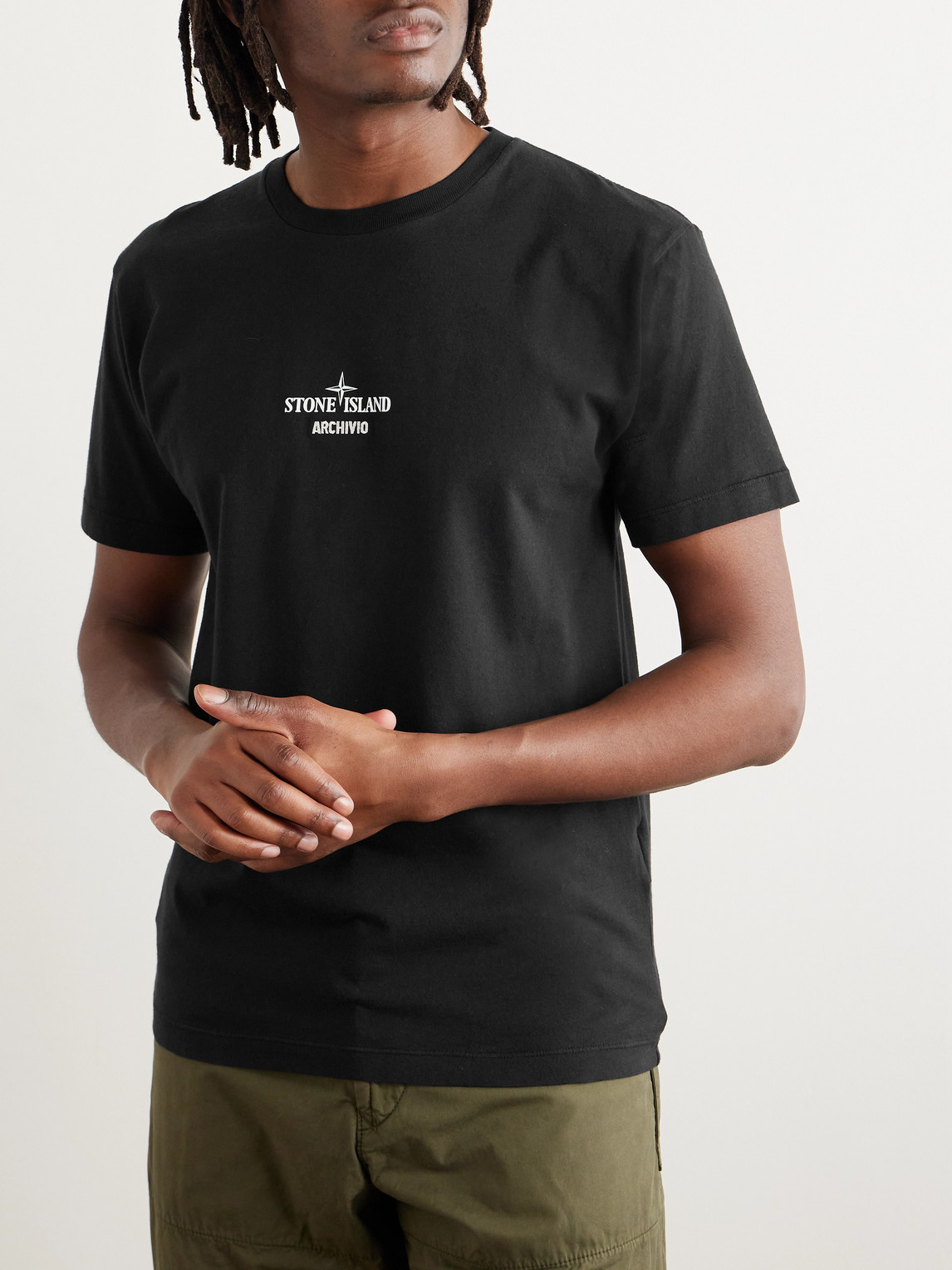 Shop Stone Island Archivio Embroidered Logo-print Cotton-jersey T-shirt In Black
